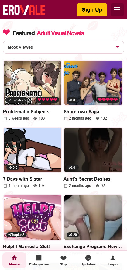 Real EroVale mobile homepage